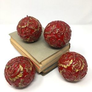 Four Red Gold Floral Paisley Embossed Round Christmas Holiday Candles